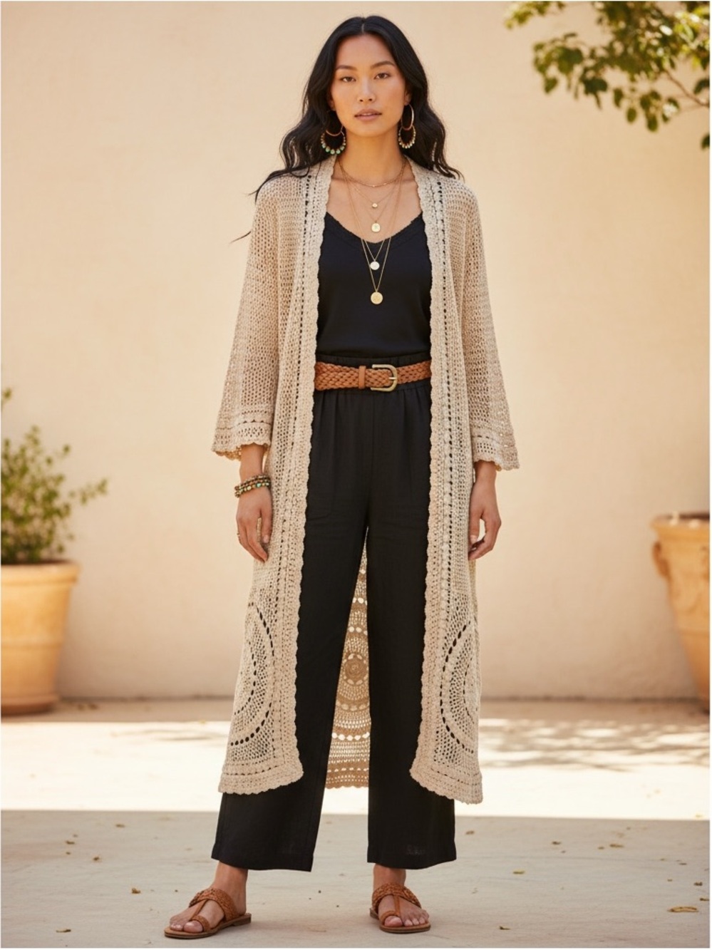 Chico's Cotton Crochet Long Open-Front Cardigan size large (2)